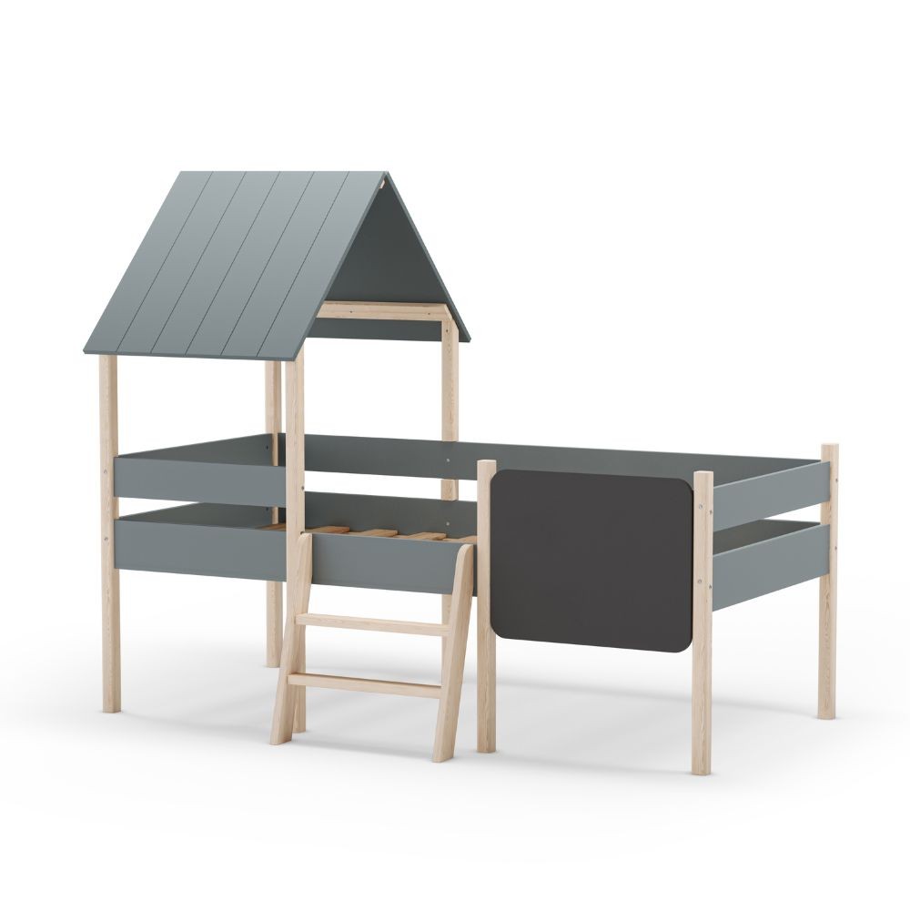 Letto rialzato a casetta Mint in legno massiccio verde cachi e pino con lavagnetta