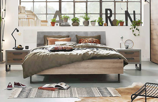 Letto Industry con testata ricurva in finitura Rovere e Grigio smoke, ZCMFAB611