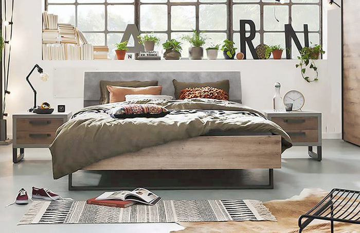 Letto Industry con testata ricurva in finitura Rovere e Grigio smoke, ZCMFAB611