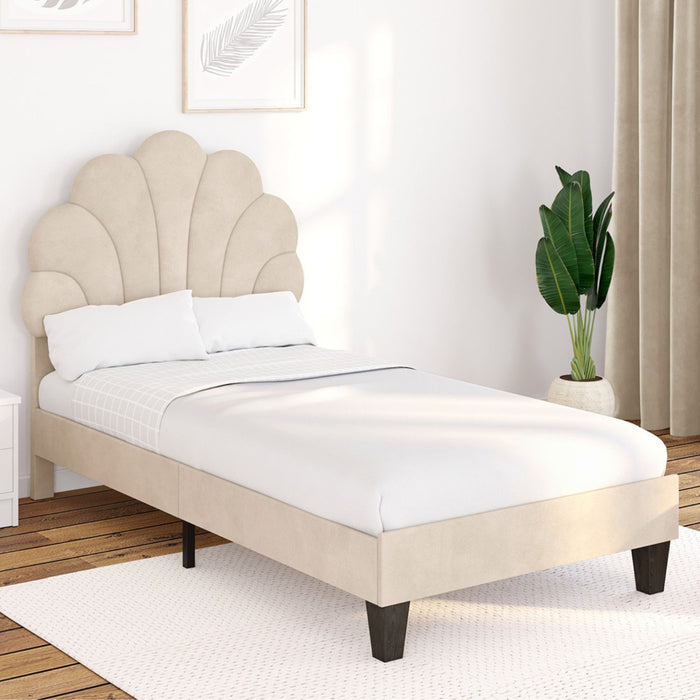 IDMarket - Letto singolo a conchiglia AMANDA 90 x 190 cm con base in velluto beige