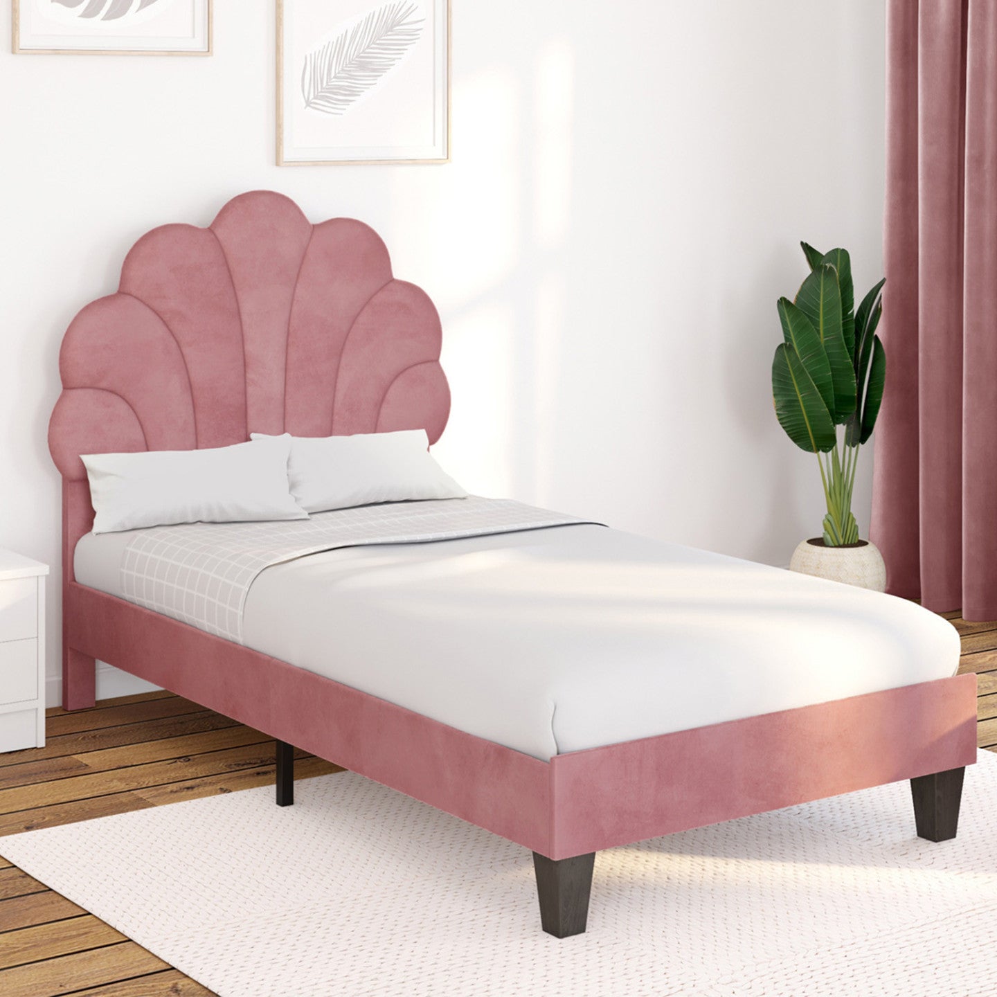 IDMarket - Letto singolo a conchiglia AMANDA 90 x 190 cm con base in velluto rosa cipria