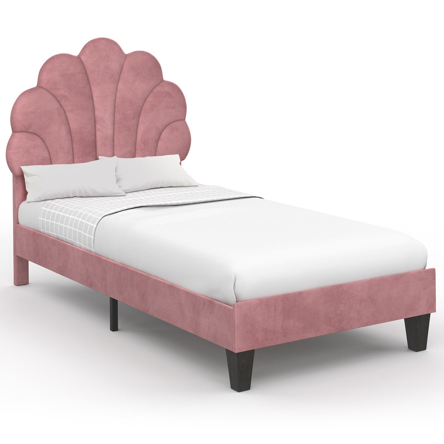 IDMarket - Letto singolo a conchiglia AMANDA 90 x 190 cm con base in velluto rosa cipria