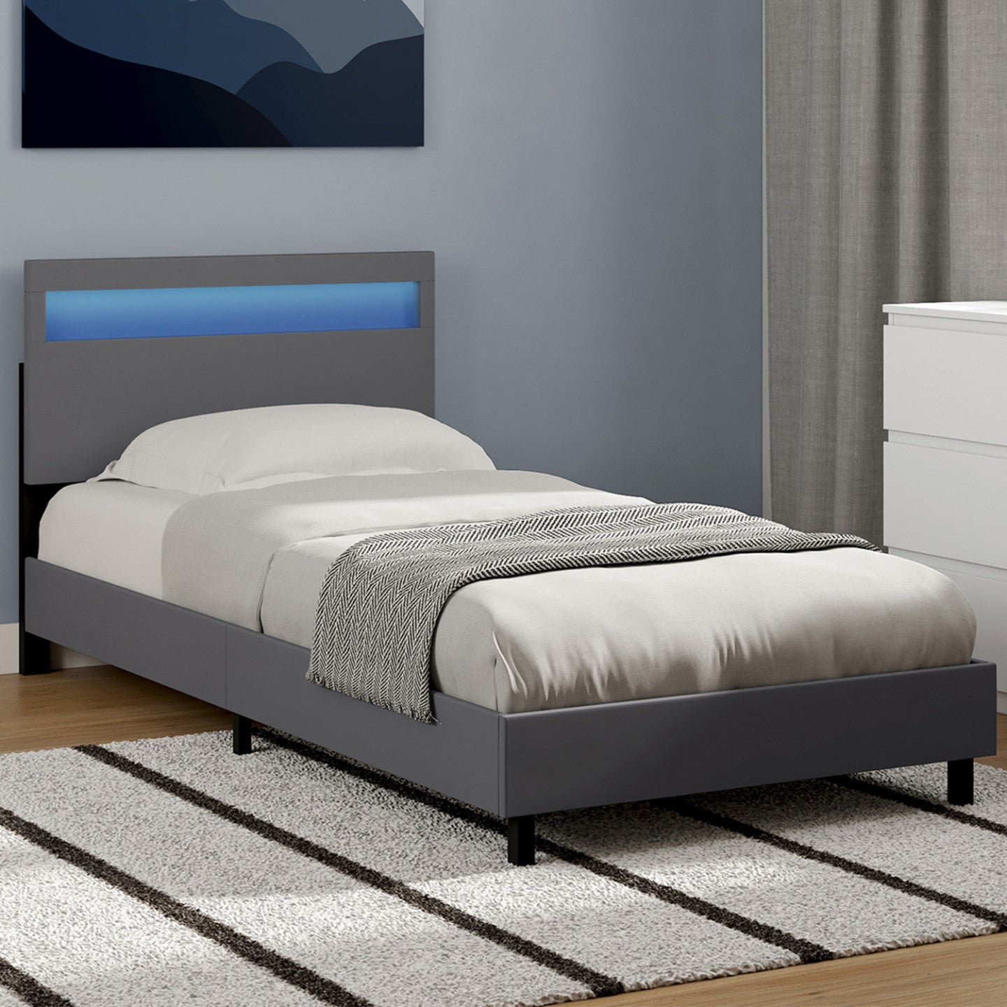 IDMarket - Letto singolo NEO con testata LED integrata e rete 90 x 190 cm PVC grigio