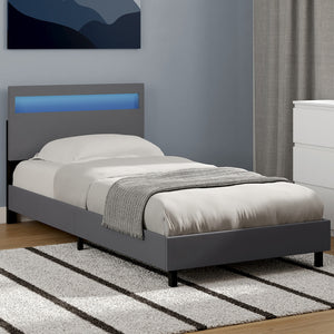 IDMarket - Letto singolo NEO con testata LED integrata e rete 90 x 190 cm PVC grigio