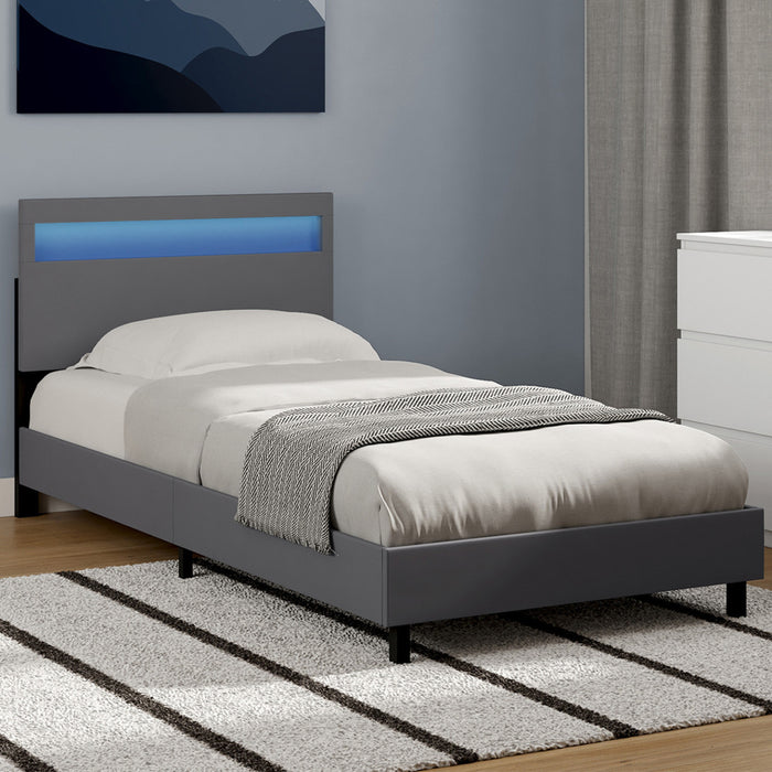 IDMarket - Letto singolo NEO con testata LED integrata e rete 90 x 190 cm PVC grigio