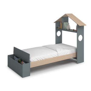 Letto singolo Odessa in legno massiccio con testiera a casetta e pediera contenitore verde cachi e pino 216,5x128,5x153H