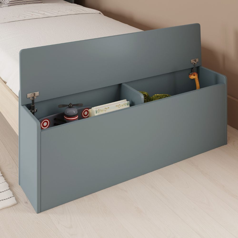 Letto singolo Odessa in legno massiccio con testiera a casetta e pediera contenitore verde cachi e pino 216,5x128,5x153H