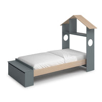 Letto singolo Odessa in legno massiccio con testiera a casetta e pediera contenitore verde cachi e pino 216,5x128,5x153H