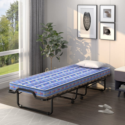 Letto brandina con materasso in memory foam struttura resistente 4 ruote girevoli-Lettino pieghevole per casa Blu