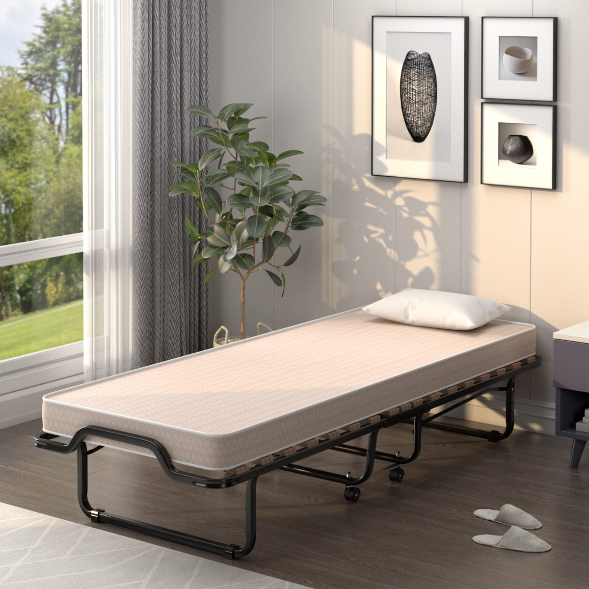 Letto brandina con materasso in memory foam struttura resistente 4 ruote girevoli-Lettino pieghevole per casa Beige