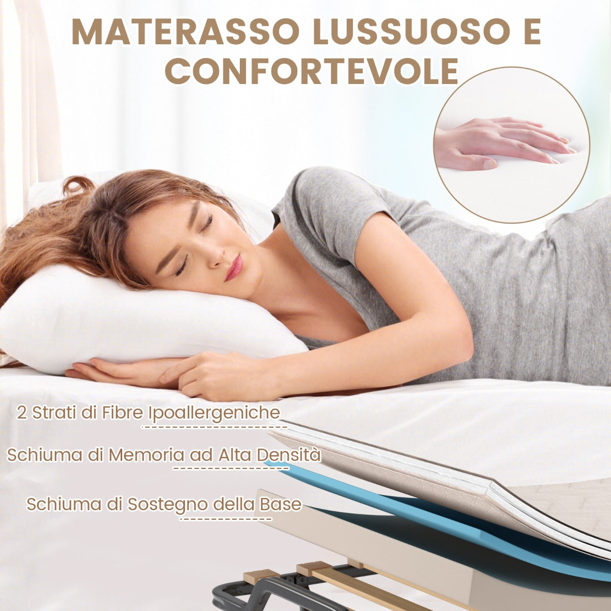 Lettino con ruote materasso in memory foam e capacit¨¤ di 120kg-Letto pieghevole con struttura metallica Beige