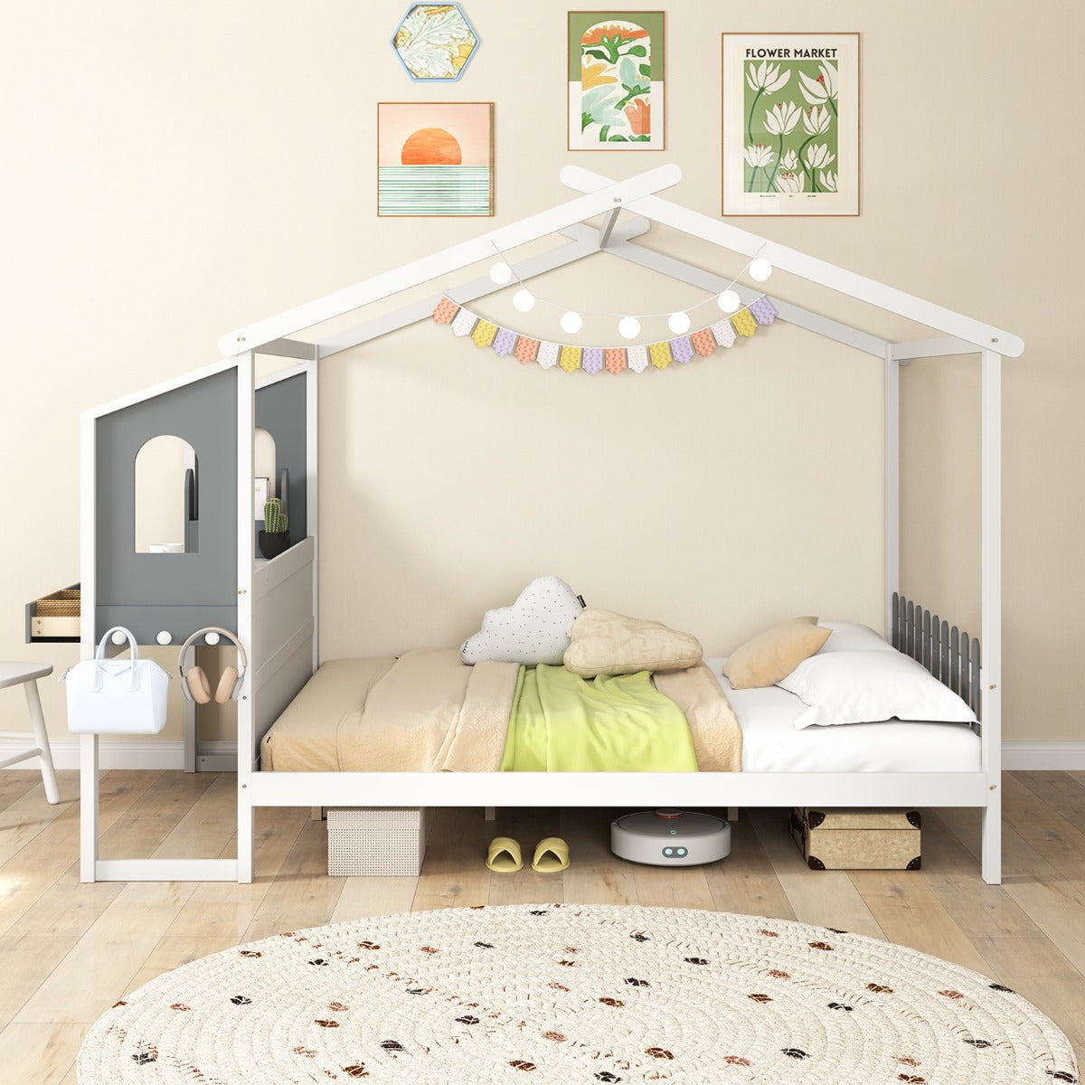 Letto casa singolo con scrivania testiera a staccionata ganci e cassetti-Letto piattaforma in legno Bianco e Grigio