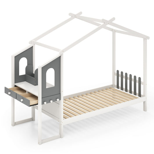 Letto singolo con tetto e staccionata, Letto a piattaforma in legno 253 x 102 x 193 cm, portata 150 kg-Lettini per bimbi