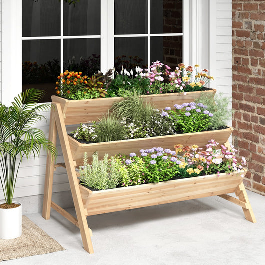 Letto da giardino a 3 livelli fioriera verticale in legno con ripiano, Letto da giardino a 3 piani 2 ganci e 3 fodere Naturale-Fioriere