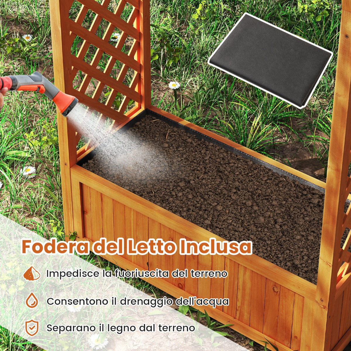 Letto da giardino elevato con griglia tetto curvo fodera drenaggio, Cassone da piantagione in legno per piante rampicanti Marrone-Fioriere