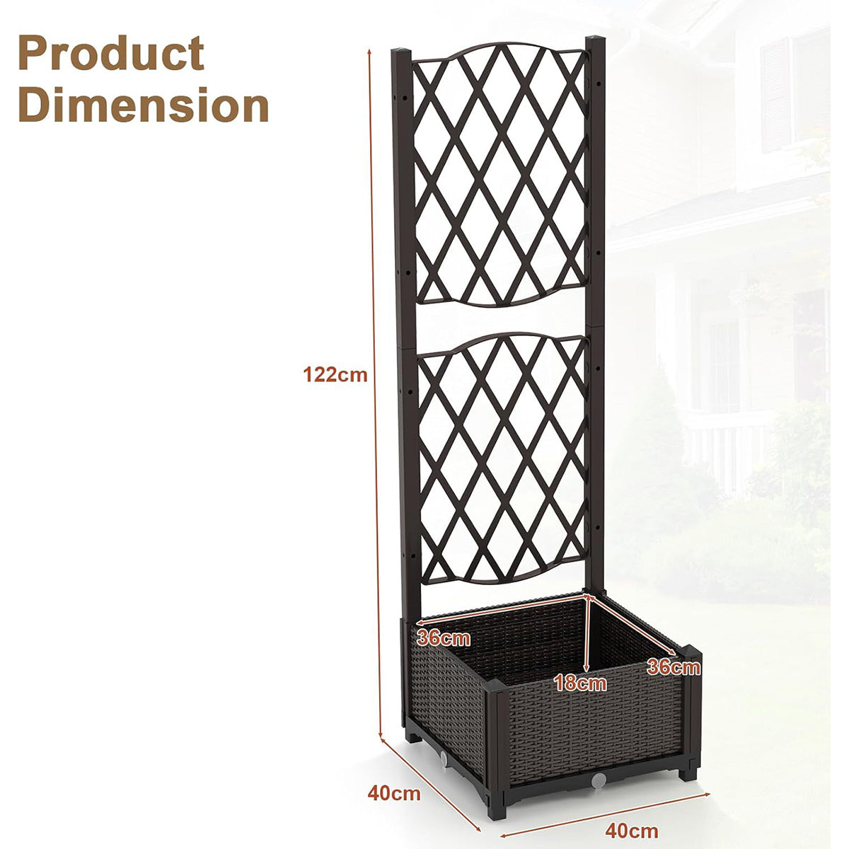 Letto da giardino rialzato con traliccio a reticolo, Fioriera in plastica autoportante per spazi esteriori (40 x 40 x 122 cm)-Scaffali per piante