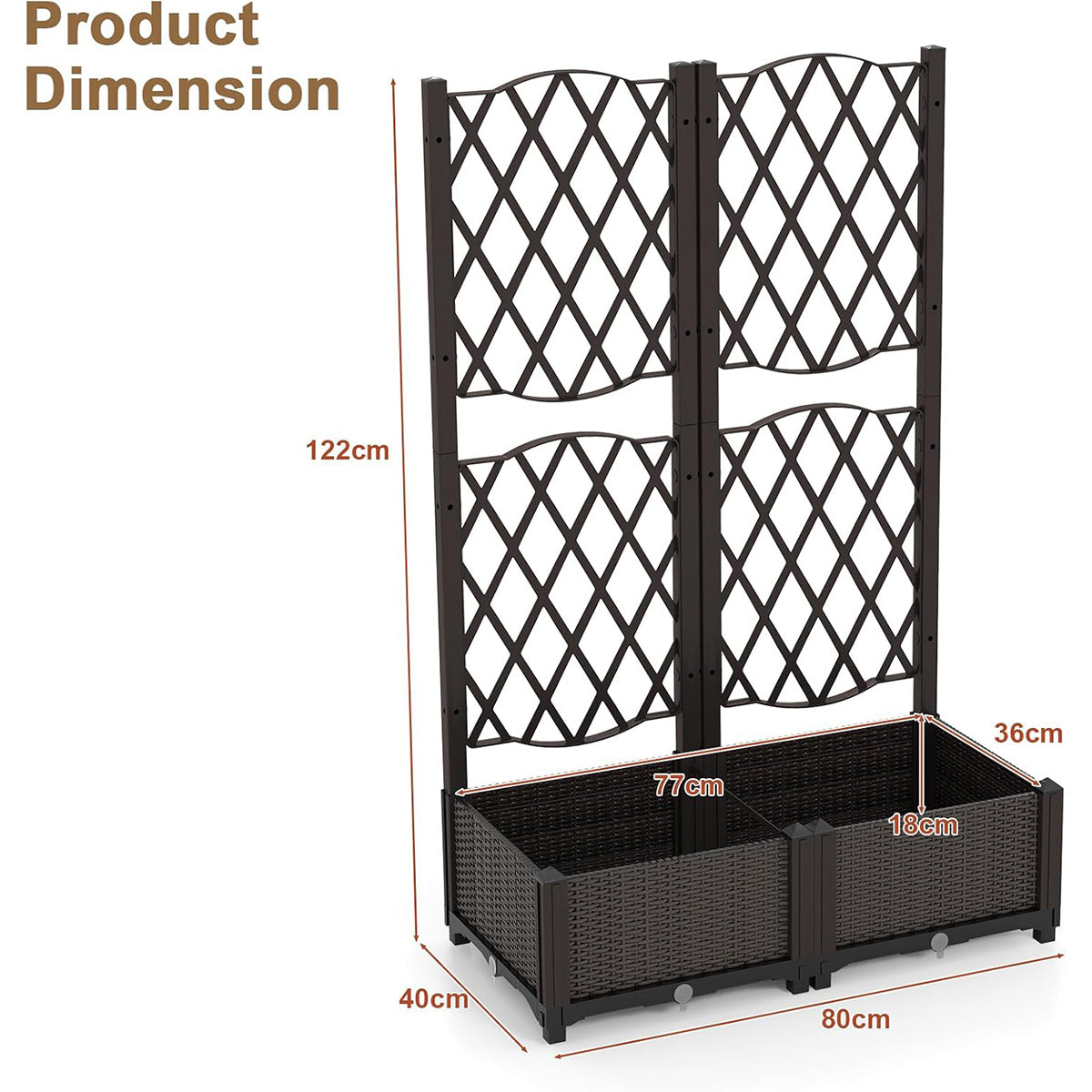 Letto da giardino rialzato con traliccio a reticolo, Fioriera in plastica autoportante per spazi esteriori (80 x 40 x 122 cm)-Scaffali per piante