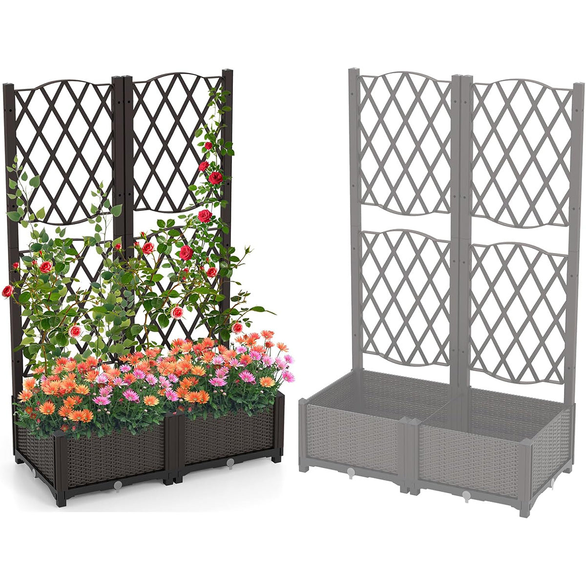 Letto da giardino rialzato con traliccio a reticolo, Fioriera in plastica autoportante per spazi esteriori (80 x 40 x 122 cm)-Scaffali per piante