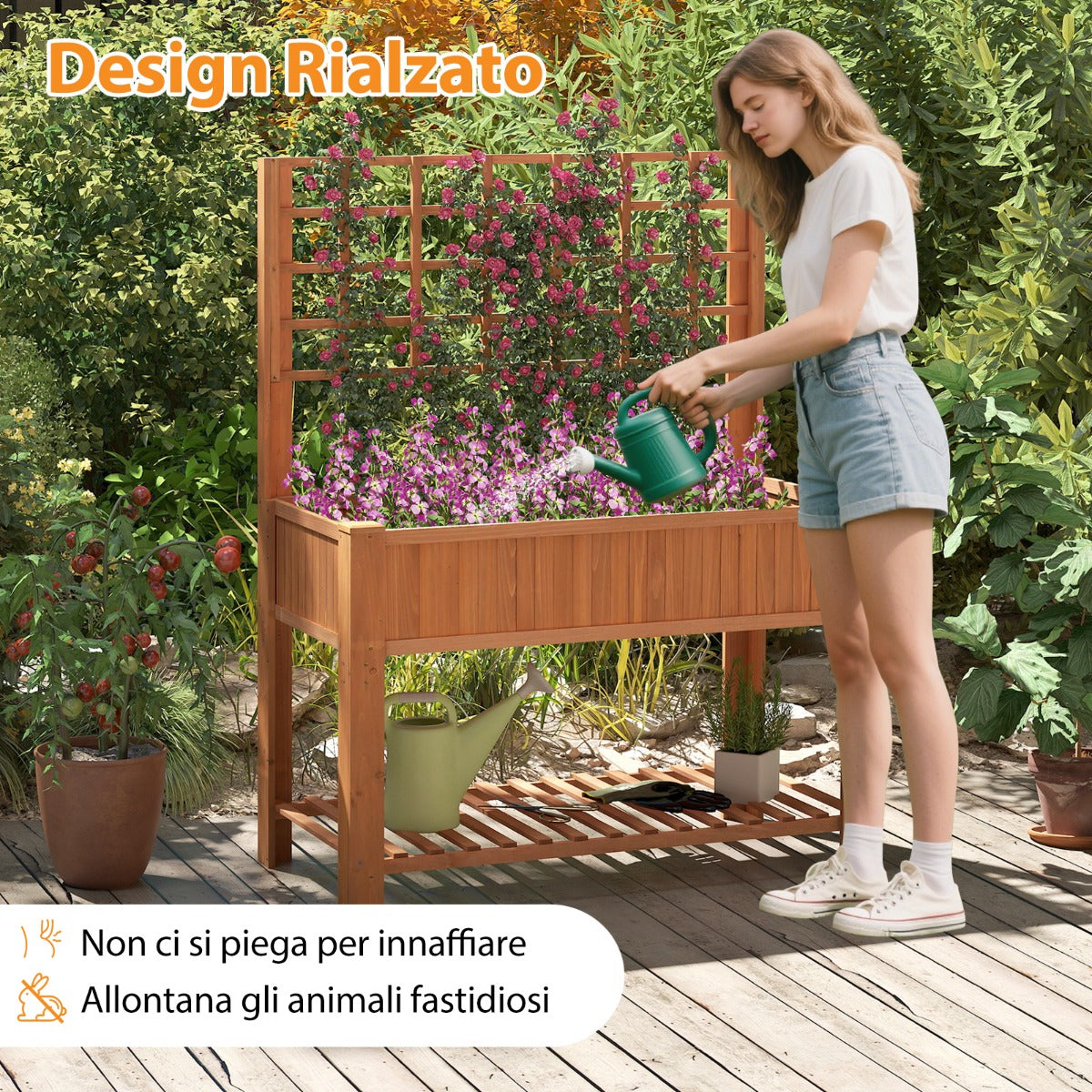 Letto da giardino rialzato con traliccio, Fioriera alta in legno con mensola di stoccaggio e fori di drenaggio Marrone-Fioriere