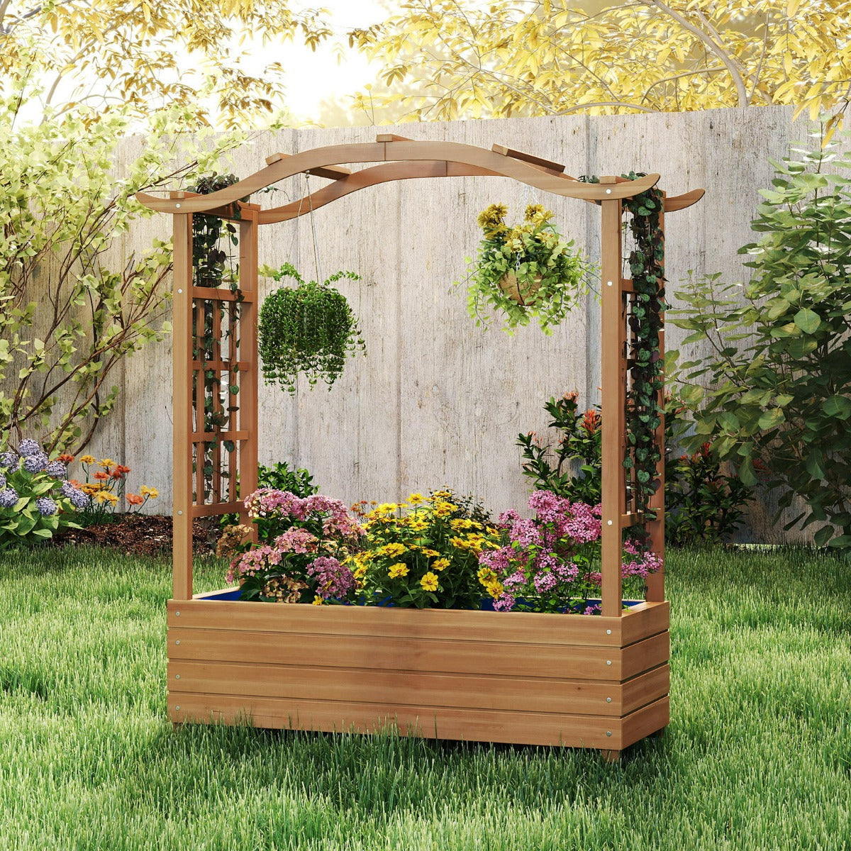 Letto da giardino rialzato in legno con tetto sospeso e 2 tralicci laterali, Contenitore elevato per giardino e patio-Fioriere