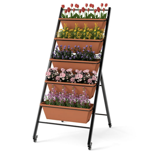 Letto da giardino a 5 livelli con 5 contenitori per piante, Supporto da giardinaggio rialzato in metallo Marrone-Scaffali per piante