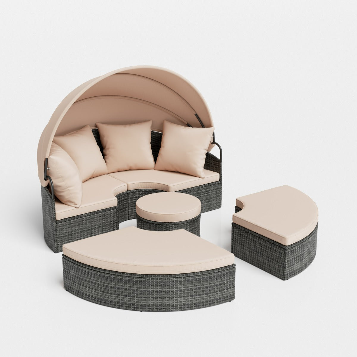 Poltrona letto rotonda per esterni con tettuccio retrattile e cuscini, Lettino da esterno per piscina e cortile Beige-Set mobili da esterno