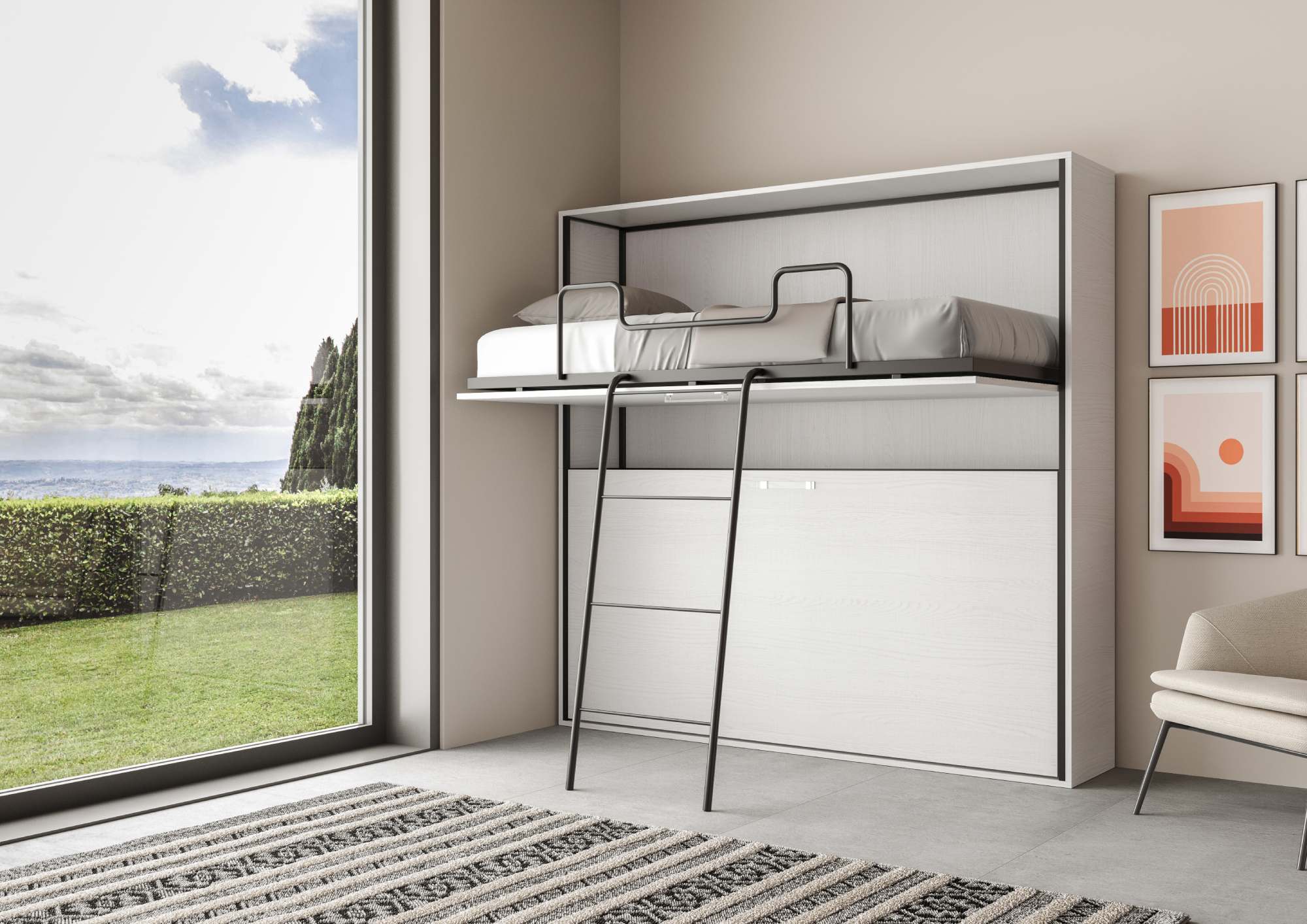 Letto Kando doppio orizzontale Bianco Frassino con materasso