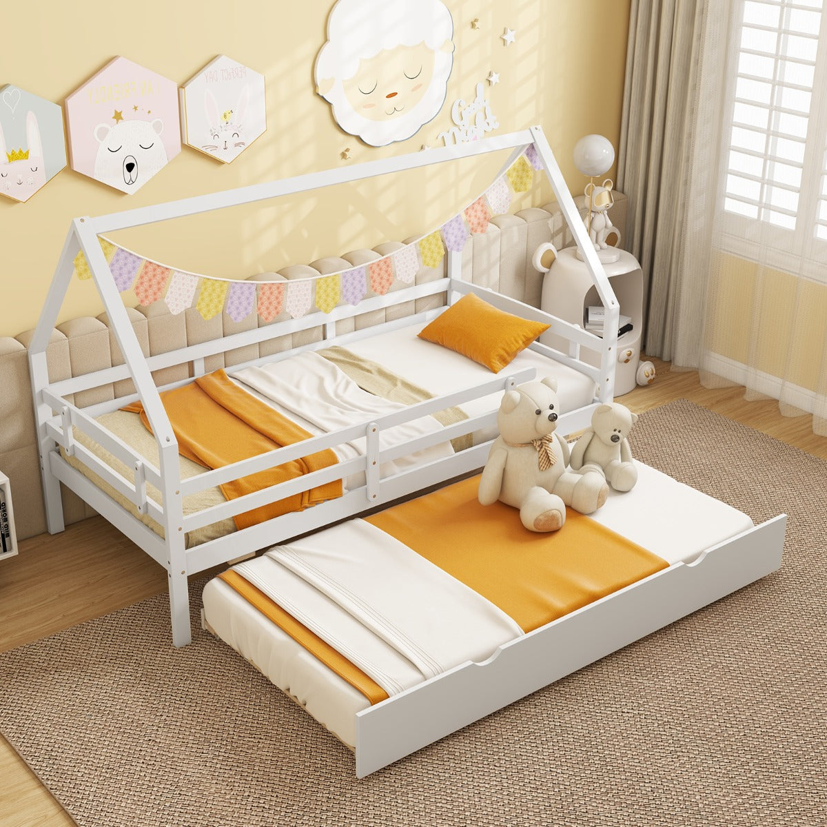 Letto per bambini a forma di casa con letto estraibile-Struttura in legno con tetto e sponde di sicurezza lunghe Bianco