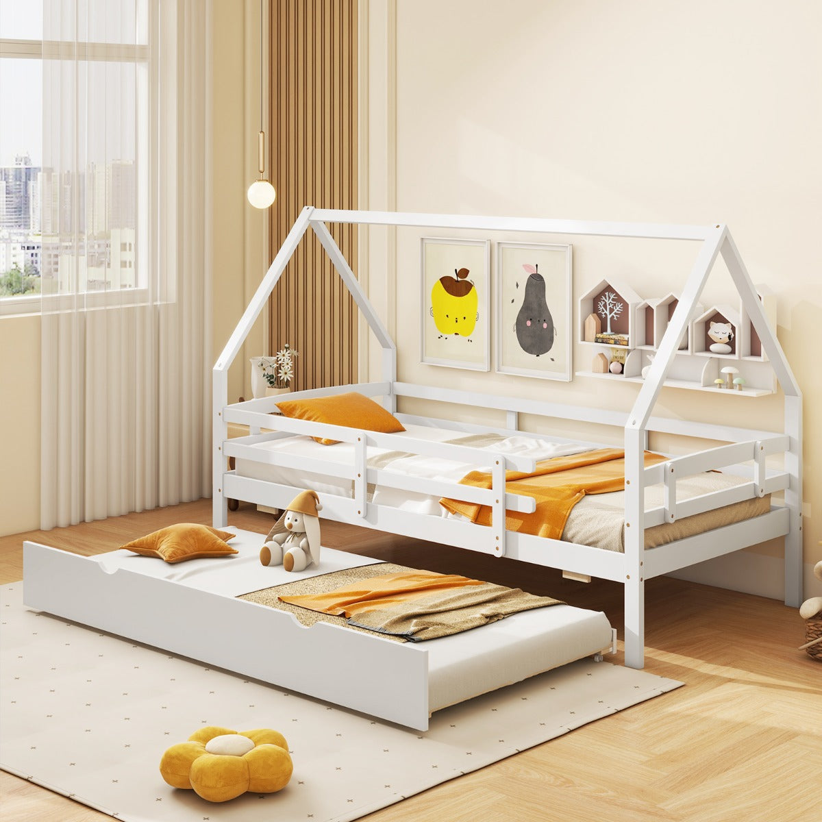 Letto per bambini a forma di casa con letto estraibile-Struttura in legno con tetto e sponde di sicurezza lunghe Bianco