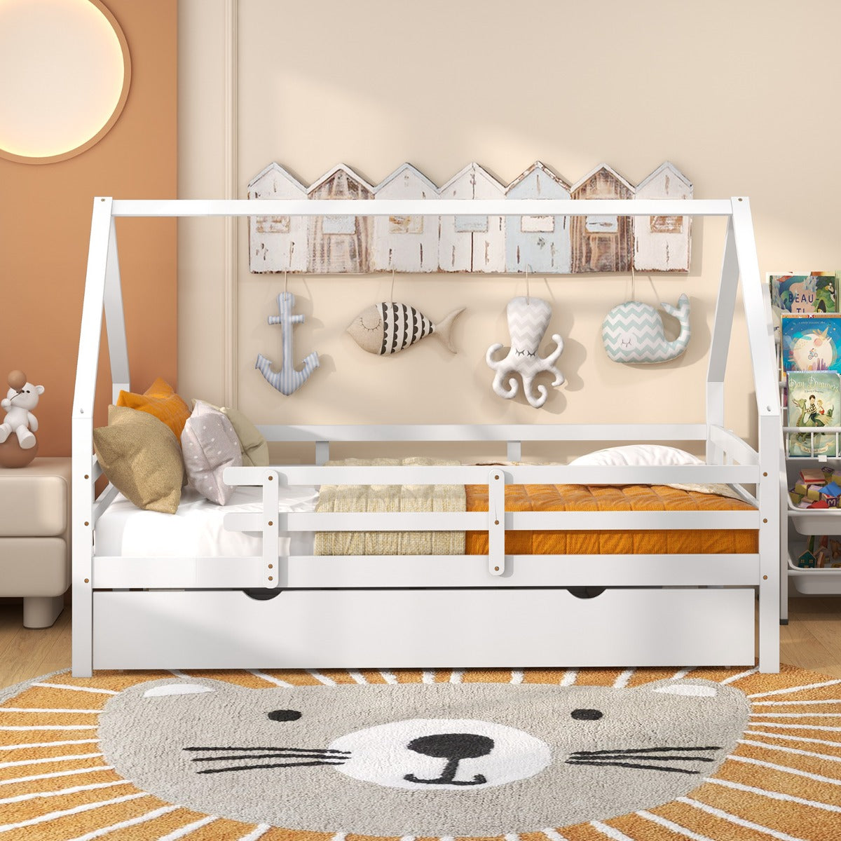 Letto per bambini a forma di casa con letto estraibile-Struttura in legno con tetto e sponde di sicurezza lunghe Bianco