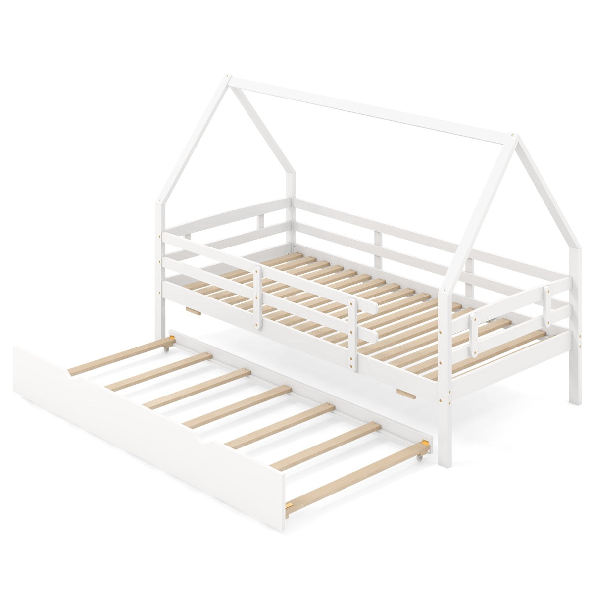 Letto per bambini a forma di casa con letto estraibile-Struttura in legno con tetto e sponde di sicurezza lunghe Bianco