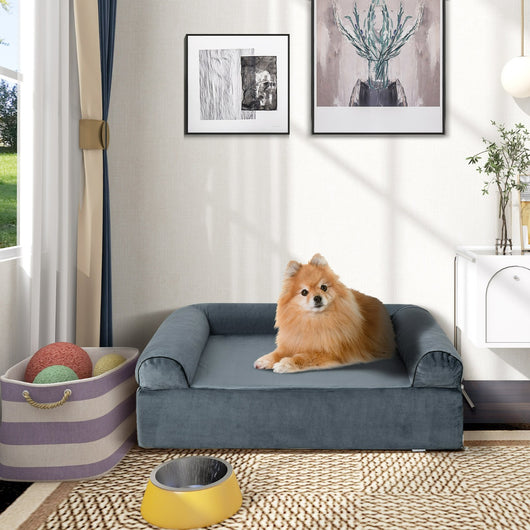 Letto per animali in schiuma di memoria con poggiatesta e copertura rimovibile, Letto ortopedico per cani Grigio-Casette e lettini