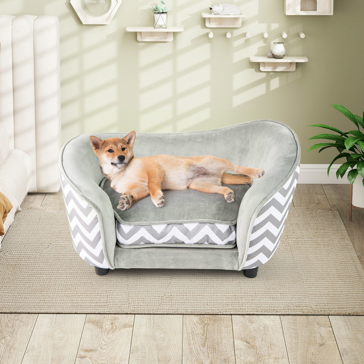 Letto morbido per cani e gatti con cuscino morbido imbottito, Poltrona per cani in velluto morbido Grigio e Bianco-Casette e lettini