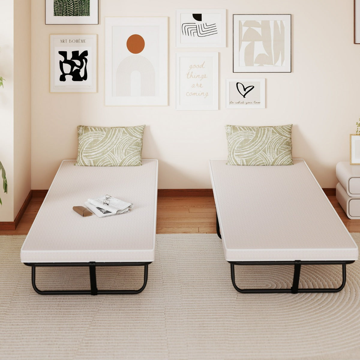 Letto pieghevole rete metallica robusta e molle resistenti, Lettino portatile per ospiti con schiuma di memoria Beige-Arredo letto