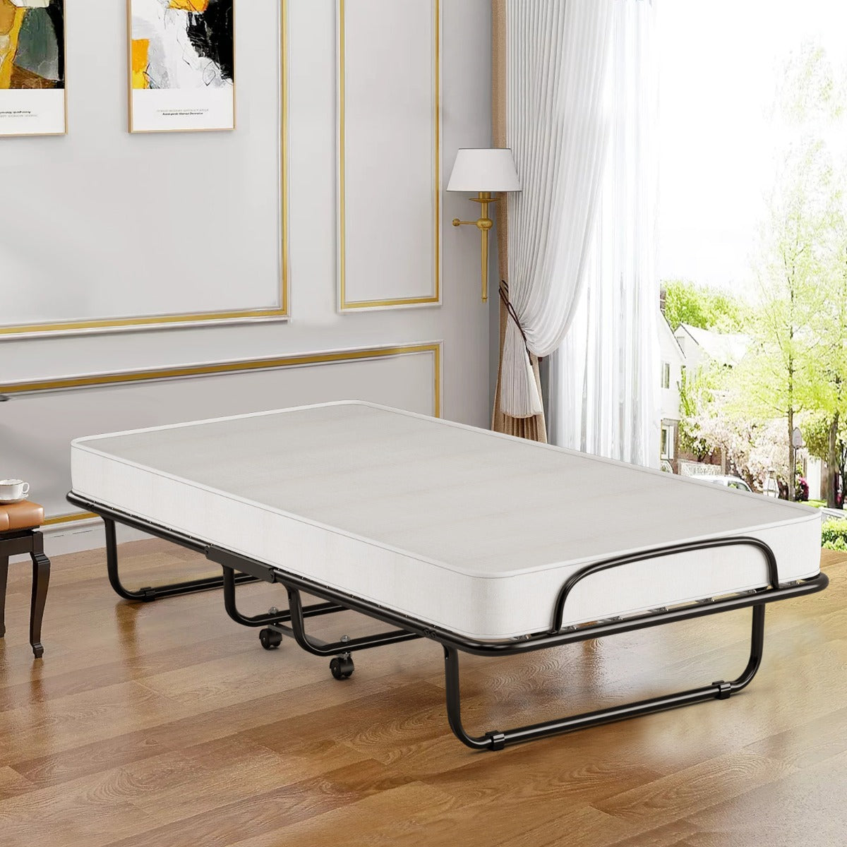 Letto pieghevole a scomparsa con materasso in Memory Foam struttura a U 4 ruote universali-Letto portatile