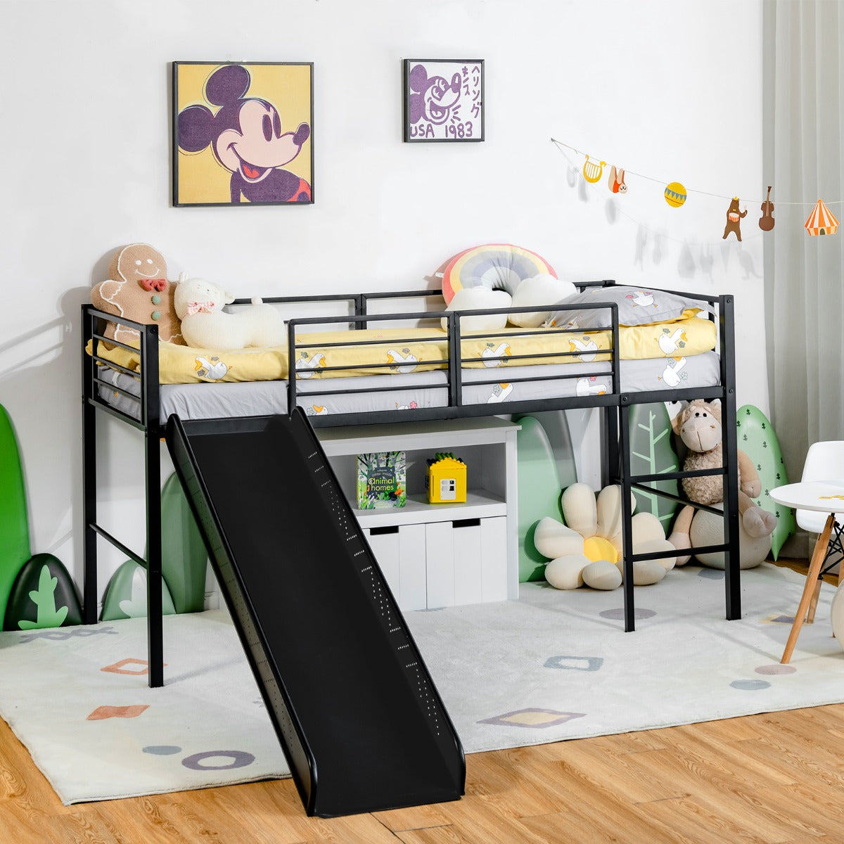 Letto singolo a soppalco per bambini con scala e scivolo-Mini struttura del letto con 4 barriere Nero