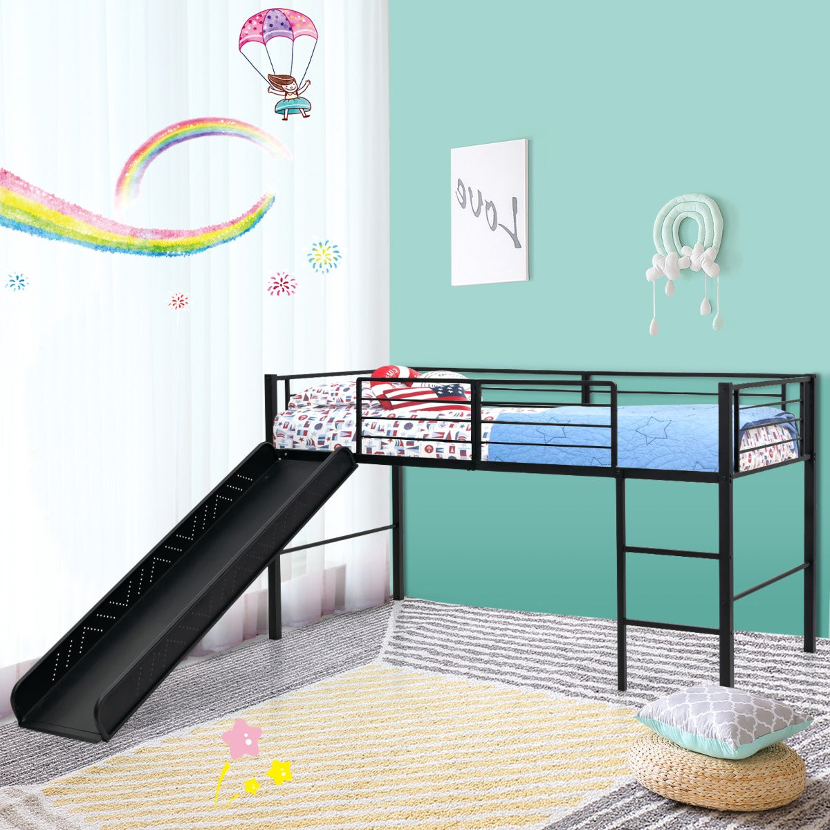 Letto singolo a soppalco per bambini con scala e scivolo-Mini struttura del letto con 4 barriere Nero
