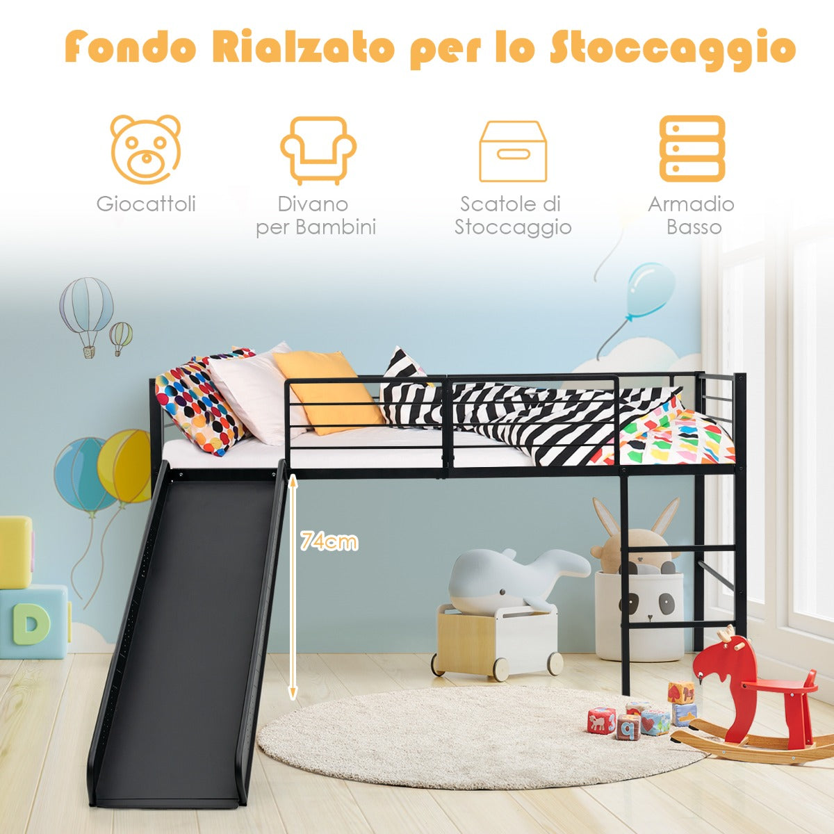 Letto singolo a soppalco per bambini con scala e scivolo-Mini struttura del letto con 4 barriere Nero