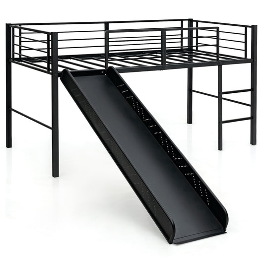 Letto singolo a soppalco per bambini con scala e scivolo-Mini struttura del letto con 4 barriere Nero