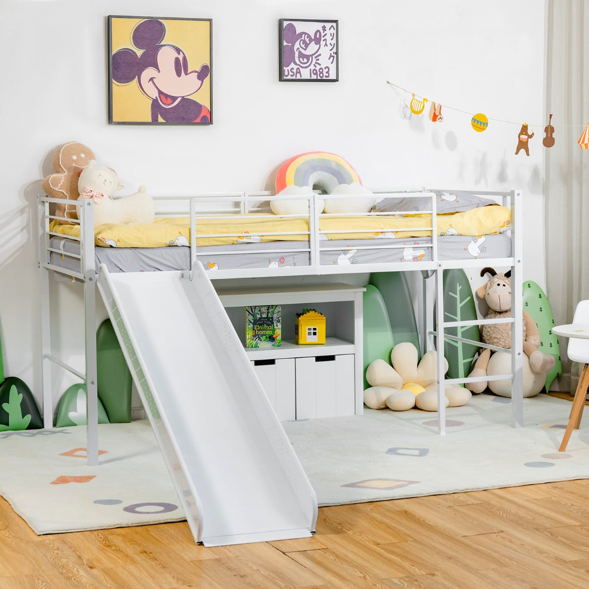 Letto singolo a soppalco per bambini con scala e scivolo-Mini struttura del letto con 4 barriere Bianco