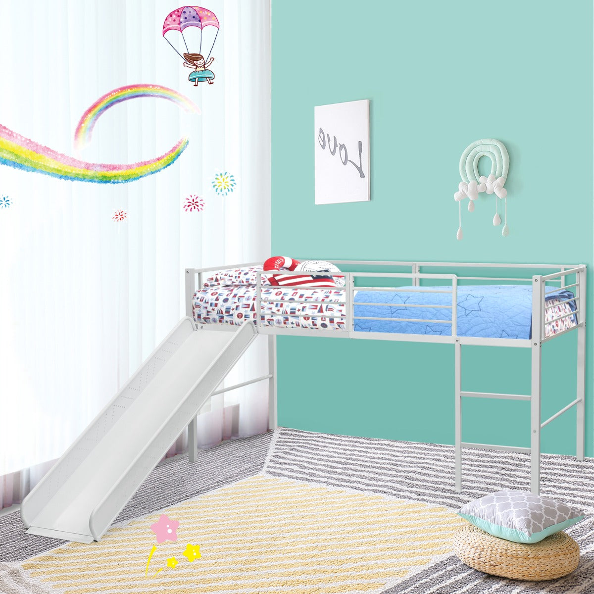 Letto singolo a soppalco per bambini con scala e scivolo-Mini struttura del letto con 4 barriere Bianco