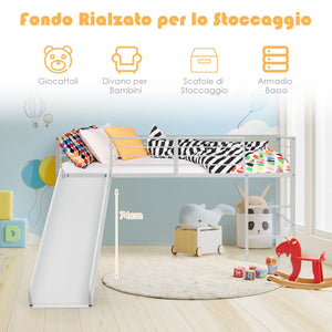 Letto singolo a soppalco per bambini con scala e scivolo-Mini struttura del letto con 4 barriere Bianco