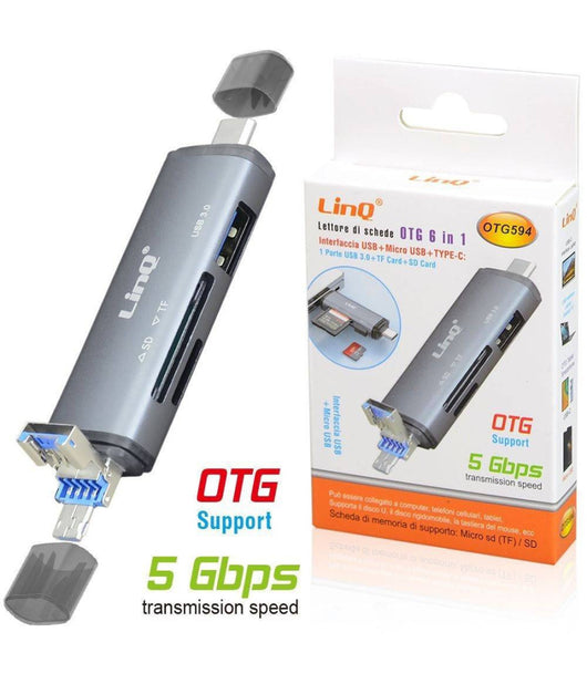 Lettore Schede Memory Card Otg 6in1 Usb Microusb Type-c Usb3.0 Tf Sd Card Otg594         