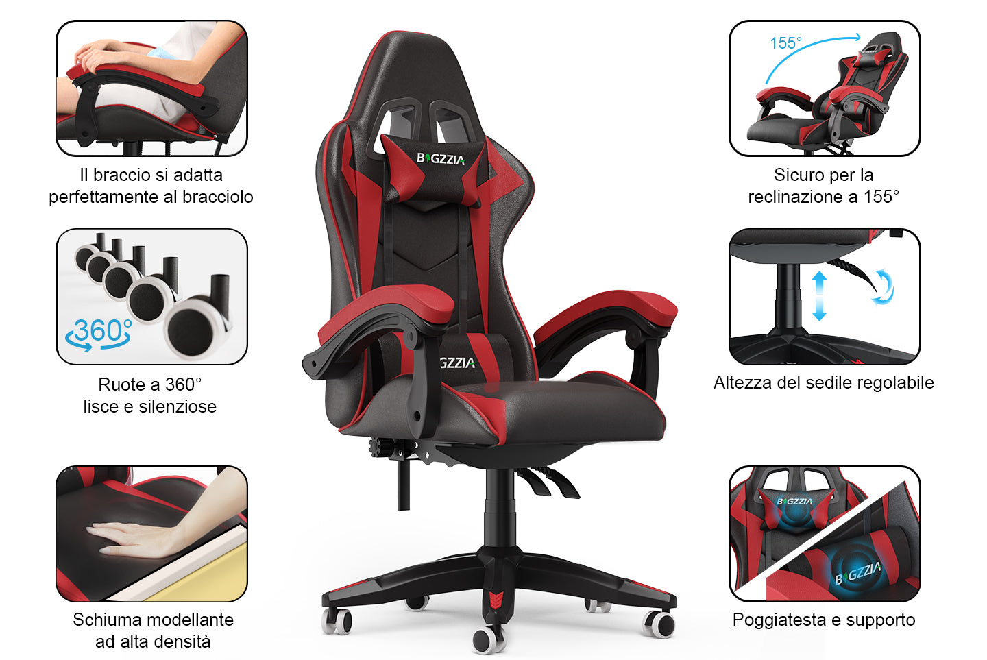Sedia gaming ergonomica - RATTANTREE - con Supporto Lombare Sedia da Gioco in Pelle Pu con Altezza Regolabile - Rouge
