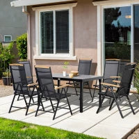 Set da Giardino Esterno per 6 Persone, Telaio in Alluminio, 6 Sedie Pieghevoli e Reclinabili, 140x90x74cm, Nero