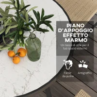 Set da Giardino con Tavolo in Vetro Effetto Marmo e 4 Sedie in Rattan, Colore Cachi