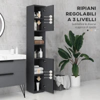 kleankin Colonna Bagno in Truciolato con 2 Ripiani Aperti e 2 Armadietti a 2 Livelli, 30x30x183 cm, Nero e Grigio