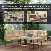 Salotto da Giardino in Rattan 2 Divanetti e Poltrona Angolare con Cuscini, Tavolino in Vetro, Colore Legno