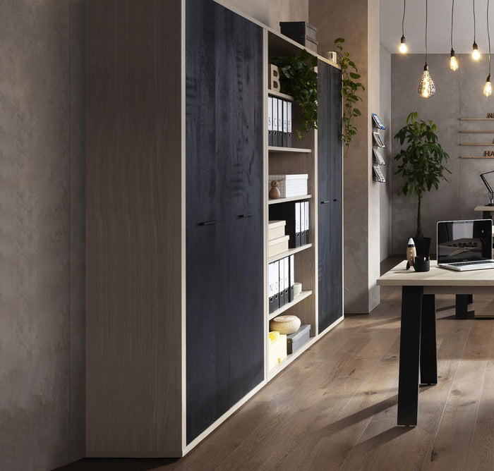 Librerie Leonardo con ante e ripiani in finitura Rovere e Nero chalet ZCMLEOLIB341