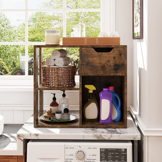 Scaffale di stoccaggio espositivo in legno a 2 livelli per soggiorno-Libreria a 3 cubi con cassetto estraibile Marrone